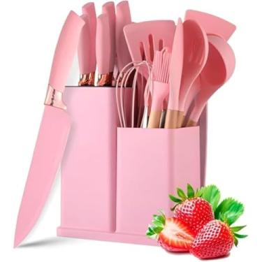 Imagem de Utensilios para Cozinha Silicone Kit com 19 Peças Cabo Madeira Conjunto Completo Espátula Concha Colher Jogo Suporte Faca Faqueiro Antiaderente Tabua Tesoura (ROSA)