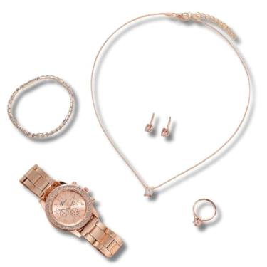 Imagem de Conjunto Feminino 5 Peças "Nicky" – Relógio Rosê com Strass, Anel Ajustável, Colar, Pulseira e Brincos – Aço Inoxidável, Sofisticação e Estilo para Todas as Ocasiões – Acompanha Bolsa de Veludo