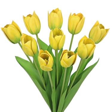 Imagem de Arborus Flor de tulipas artificiais 51 cm, haste de flor sintética, 10 peças de tulipas falsas amarelas para arranjo floral, casa, escritório, fazenda, cozinha, decoração de primavera