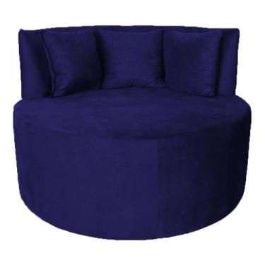 Imagem de Sofá Puff Chaise Estofada Redondo Barcelona Almofadas Suede Azul Marin