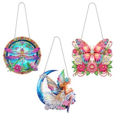 Imagem de MaiYiYi Kit de pintura com pingente de arte de diamante para pendurar, 3 peças, conjunto de pintura especial de borboleta, cristal, joia artesanal, libélula, diamante, ornamentos para decoração de