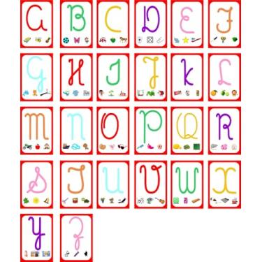 Imagem de Cartões Educativos do Alfabeto, 26 Letras Cursivas Maiúsculas, com Ilustrações Coloridas, Moldura Vermelha, para Aprendizagem Infantil, cards com 14 cm x 9,5 cm