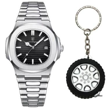 Imagem de Relógio Social Masculino Prateado Old Money + Chaveiro Trena - PENDULA