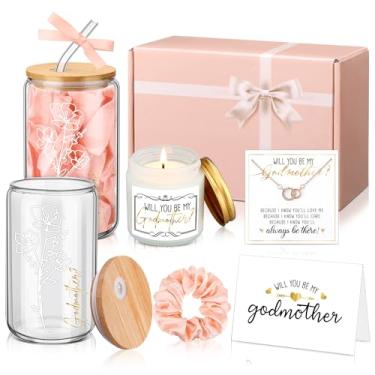 Imagem de Singhoow Conjunto de 6 peças de presente de madrinha Will You Be My Godmother 473 ml, copo de vidro, caixa de presente de vela perfumada da afilhada para o dia das mães, Natal, aniversário, batismo