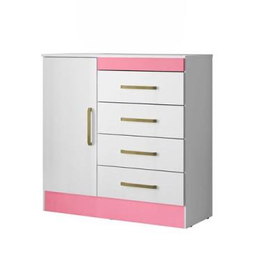 Imagem de Cômoda Montevidéu Flex 1 PT 4 GV Branca e Rosa - Modern, Branco e Rosa