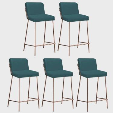 Imagem de Kit 05 Banqueta Alta Com Encosto Drika Industrial Cozinha Bistrô Ferro Bronze Suede Azul Turquesa - Ahz Móveis
