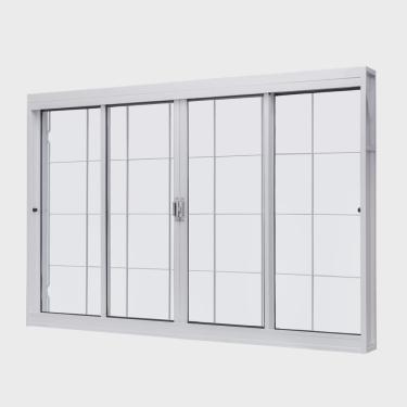 Imagem de Janela de Aço de Correr Central 100x120cm 4 Folhas com Grade Quadriculada e Vidro Liso Unic Sol