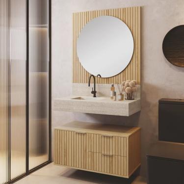 Imagem de Conjunto para Banheiro Bancada em Porcelanato com Cuba Esculpida, Armário e Espelho Ripy 80cm