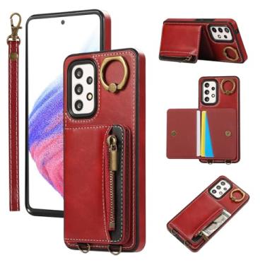 Imagem de Capa para Samsung GalaxyA15 com suporte para cartão com zíper, 4 compartimentos e suporte – Capa de telefone com textura de bezerro, alça de pulso e anel de metal, capa de telefone à prova de choque