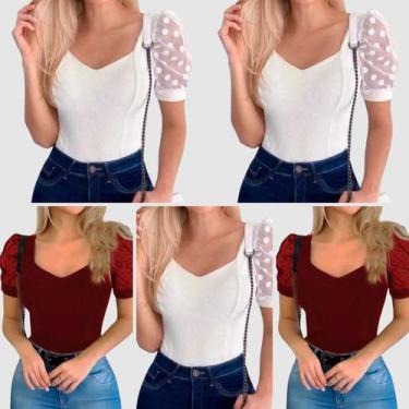 Imagem de Kit 5 Body Blusinha Canelada Manga Princesa Curta Tule Poa - Swisz, 3b