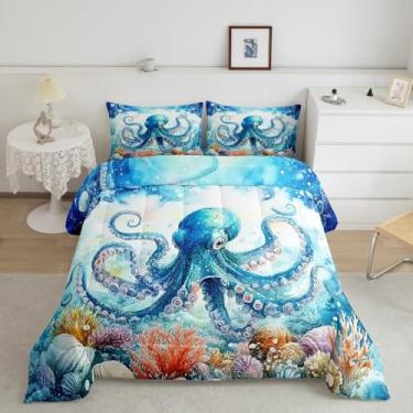 Imagem de Watercolorr Conjunto de edredom infantil de polvo, aquarela com algas marinhas e coral, reversível, animais do mundo subaquático, conjunto de edredom com 3 peças, cabana à beira-mar, estilo casa de