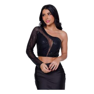 Imagem de Cropped Feminino Uma Manga Paetê - Balboa Modas, Preto, Único