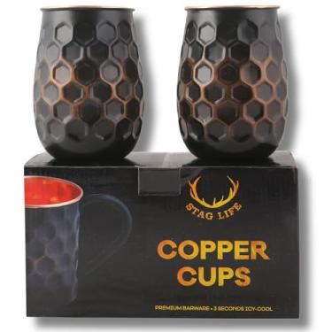 Imagem de STAGLIFE Copos de favo de mel de cobre puro de 473 ml para copos de água potável Conjunto de 2 copos, caneca de copo preto alto de Moscou sólido sem alça, escovado/grande, sem forro