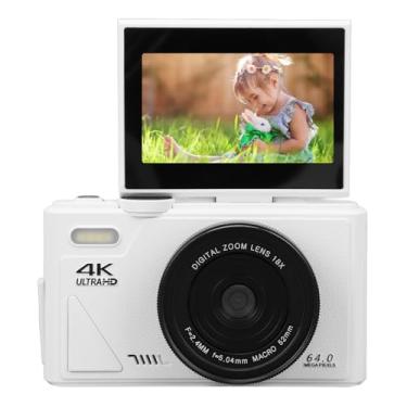 Imagem de Câmera digital 4K, câmera de zoom 18X com tela flip de 7,6 cm, câmera digital compacta retrô com foco automático UHD de 64 MP para fotografia de viagem, vlogging (branca)