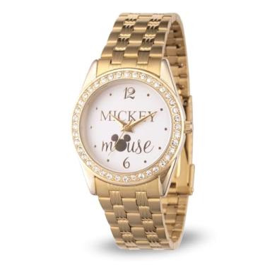 Imagem de Disney Relógio feminino de quartzo analógico Mickey Mouse com pulseira de aço inoxidável, dourado, 18,3 (modelo: WDS000698)