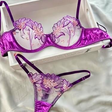 Imagem de Conjunto de Lingerie Floral Transparente Sexy ElaShopp, Roxo, GG
