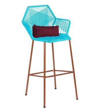 Imagem de Banqueta Alta Com Encosto Sttar Ferro Bronze Fibra Azul Turquesa Almofada Suede Bordô