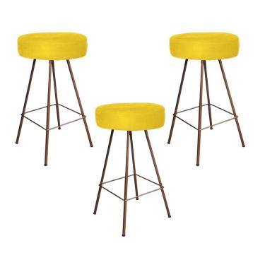 Imagem de Kit 03 Banqueta Alta Laisa Industrial Redonda Ferro Bronze Suede Amarelo - Amey Decor