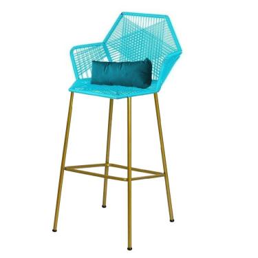 Imagem de Banqueta Alta Sttar Ferro Dourado Fibra Azul Turquesa Almofada Suede Azul Turquesa - Amey Decor