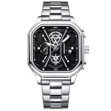 Imagem de Relógio Masculino De Quartzo Em Aço Inoxidável Impermeável Design Quadrado Luminoso Prata