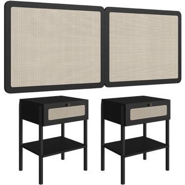 Imagem de Cabeceira Casal Queen 160cm E 2 Mesas Laterais 1 Gaveta Madeira Moss A03 Nero Preto