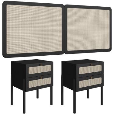 Imagem de Cabeceira Casal Queen 160cm E 2 Mesas Laterais 2 Gavetas Madeira Moss A03 Nero Preto