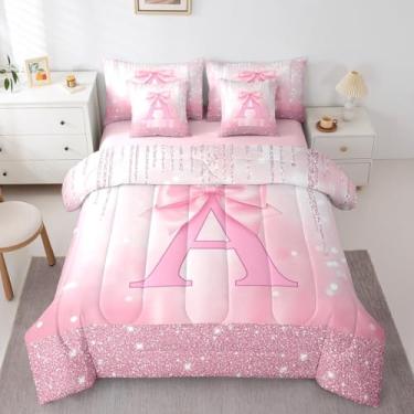 Imagem de Feelyou Conjunto de cama infantil com laço rosa em uma bolsa, conjunto de edredom com inicial personalizada com lençol de princesa com glitter, 7 peças, para meninos e meninas, alfabeto e adolescentes