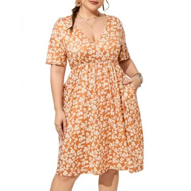 Imagem de KOJOOIN Vestido feminino plus size floral de verão, casual, gola V, evasê, com babados e cinto, Branco caramelo*kj, GG