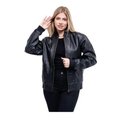 Imagem de Jaqueta Feminina Couro Legitimo Bomber Punhos - Bella, Preto, P