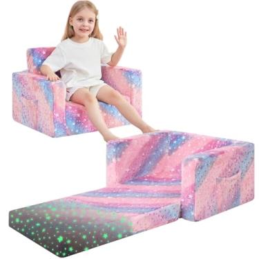 Imagem de lasoftan Sofá infantil para crianças, 2 em 1, dobrável que brilha no escuro, sofá conversível para espreguiçadeira para meninas e meninos, com capa removível e bolsos duplos - Estrela brilhante