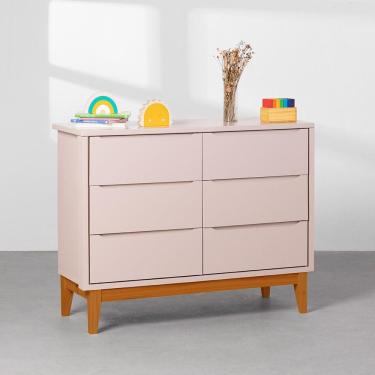 Imagem de Cômoda Retrô Square Com 6 Gavetas E Pés Em Madeira – Rosa