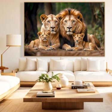 Imagem de Quadro Decorativo Retrato Leão e Sua Família com dois filhotes - MeMol