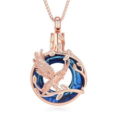 Imagem de QGJNSGC Colar de urna da árvore da vida para cinzas águia, anel de cremação, círculo da vida, pingente memorial de animais de estimação humanos, suporte de cinzas, presente para mulheres e homens, Aço