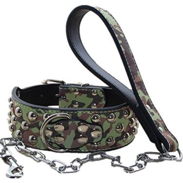 Imagem de Coleira para cachorro haoyueer de couro de 5 cm de largura + conjunto de correia para corrente de cachorro de ajuste pesado grande raça pit bull Husky Mastiff Terrier (camuflagem, M)