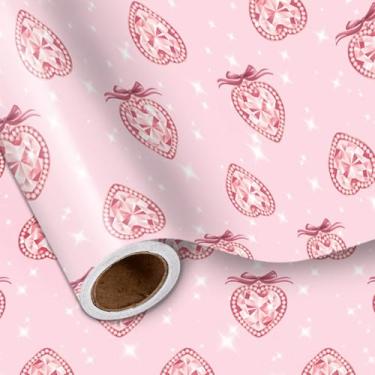 Imagem de LeZakaa Rolo de papel de embrulho com laço de coração de diamante, design elegante, detalhes brilhantes, para casamentos, chuveiros, aniversários, meninas, mulheres, mini rolo de 43 x 16,4 pés
