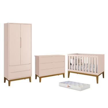 Imagem de Dormitório Completo Infantil Classic 2 Portas, Cômoda 6 Gavetas, Berço com Pés Amadeirado e Colchão D18 - Reller Móveis Rosa Fosco