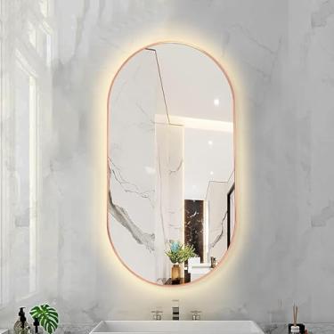 Imagem de Espelho De Banheiro Retroiluminado Led Oval Regulável 3 Temperatura De Cor Espelho Inteligente Led Espelho De Maquiagem Montado Na Parede Com Moldura De Liga De Alumínio