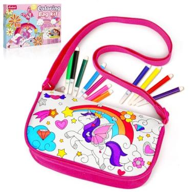 Imagem de Ambesi Bolsa para colorir, cor sua própria bolsa, bolsa de grafite de festa DIY com 12 canetas coloridas, kit de artes e artesanato, presente para meninas (unicórnio)