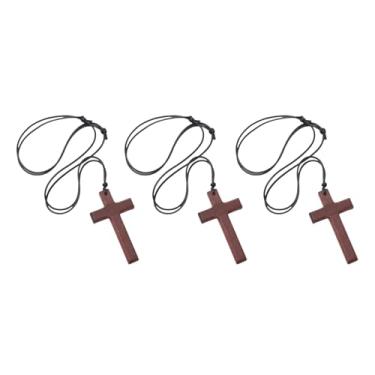 Imagem de Aoxmas Pacote com 3 colares com pingente de cruz de madeira, cordão ajustável, presentes católicos cristãos para homens e mulheres, Madeira, Sem Pedra Preciosa