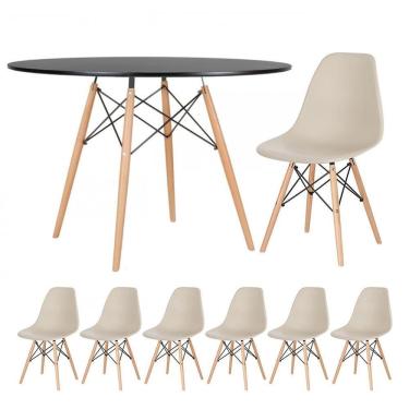 Imagem de Mesa Redonda Eames 120 Cm Preto + 6 Cadeiras Eiffel Dsw Nude