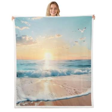 Imagem de Feelyou Cobertor de praia queen 228 x 228 cm pôr do sol oceano mar gaivota cobertor de lã para cama sofá sofá paisagem natural sherpa cobertor decoração de quarto cobertor flanela