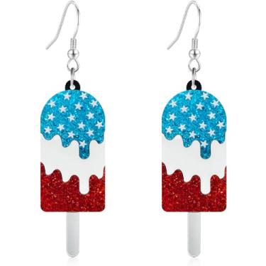 Imagem de Gdpaddy Brincos pendentes de coração de estrela de acrílico 4 de julho Dia da Independência com glitter vermelho branco azul EUA sorvete brincos femininos, Large, Plástico, Sem pedra preciosa