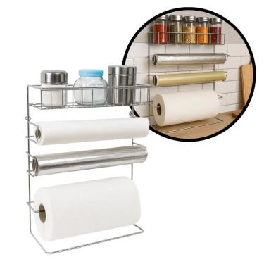 Imagem de Suporte Porta Papel Toalha Rolos e Temperos Organizador 4 em 1 Parede Cozinha Aço Cromado - Mundial Casa