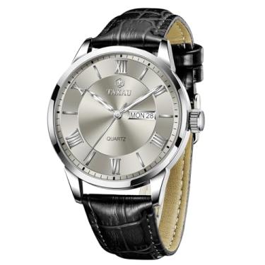 Imagem de Taxau Relógio casual masculino de couro luxuoso, data de negócios, à prova d'água, analógico, quartzo, clássico, mostrador grande, minimalista, para homens, Mostrador cinza prata-G8408, round