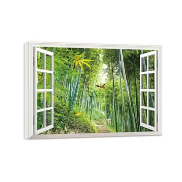 Imagem de Quadro Parede Janela Falsa-Impressões em Tela Paisagens-Bamboo Forest Birds-Natureza Arte Pinturas Decoração Sala de Estar 50x70cm-19x27in Tela Embrulhada