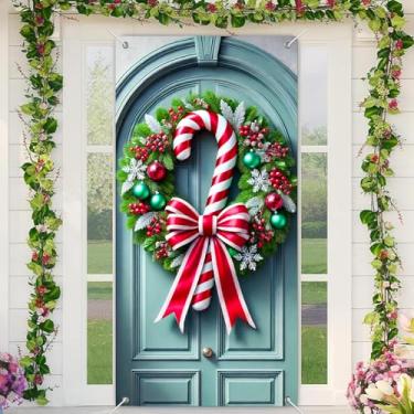 Imagem de BlissYard Conjunto de faixa de porta de Natal, guirlanda de bengala doce de 88 x 188 cm com laço vermelho, bolas verdes e flocos de neve, decoração de varanda, tema de bengala doce, decoração de Natal