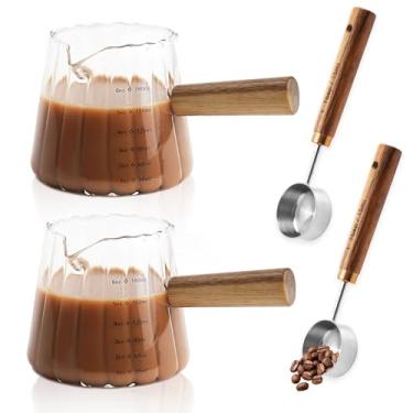 Imagem de 2 copos de café expresso, copos de café expresso FHDUSRYO de 170 g com 2 colheres medidoras de café, copo expresso com boca em forma de V, jarra de espuma de leite, copo medidor de vidro acessórios