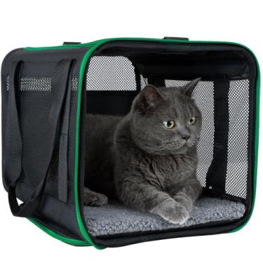 Imagem de petisfam Bolsa de transporte para animais de estimação de carga fácil para gatos médios e grandes com tecido durável de espessura dupla e estrutura estável. Preto com acabamento verde, G