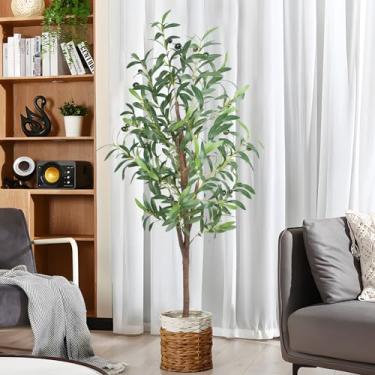 Imagem de Oliveira artificial de 1,22 m, oliveiras falsas de 122 cm, vaso de seda falsa com tronco e realistas, 436 folhas e 16 frutas para decoração moderna, escritório, casa, interior, pacote com 2