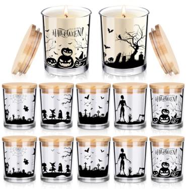 Imagem de Ziliny 10 potes de vela de vidro da vila do Dia das Bruxas, recipientes vazios a granel de 200 ml, potes de vidro de Halloween com tampas de cortiça, latas para fazer velas, armazenar biscoitos